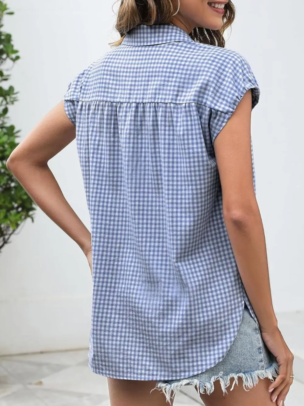 Plaid Button Up Cap Sleeve Shirt, image 6