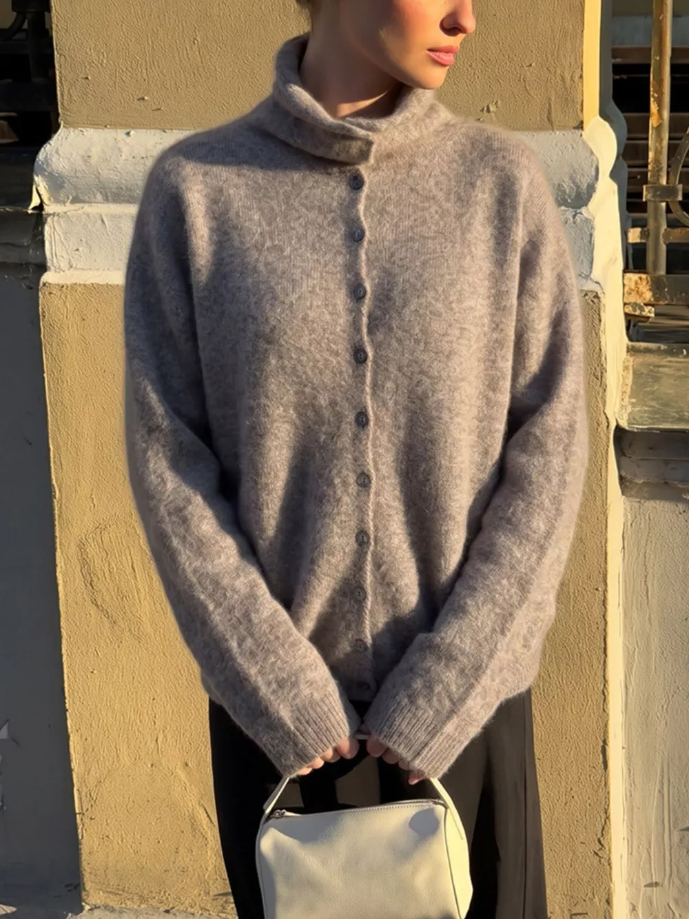 Mock Neck Button-Down Fuzzy Knit Cardigan, image 20