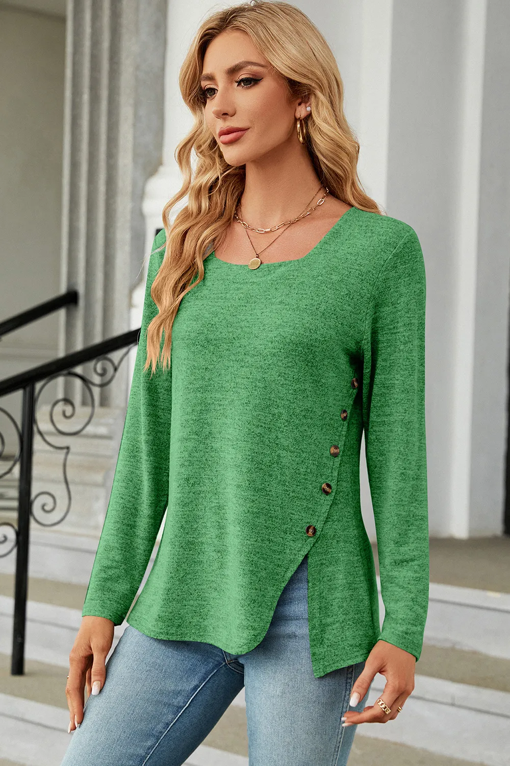 Slit Decorative Button Square Neck T-Shirt, image 12
