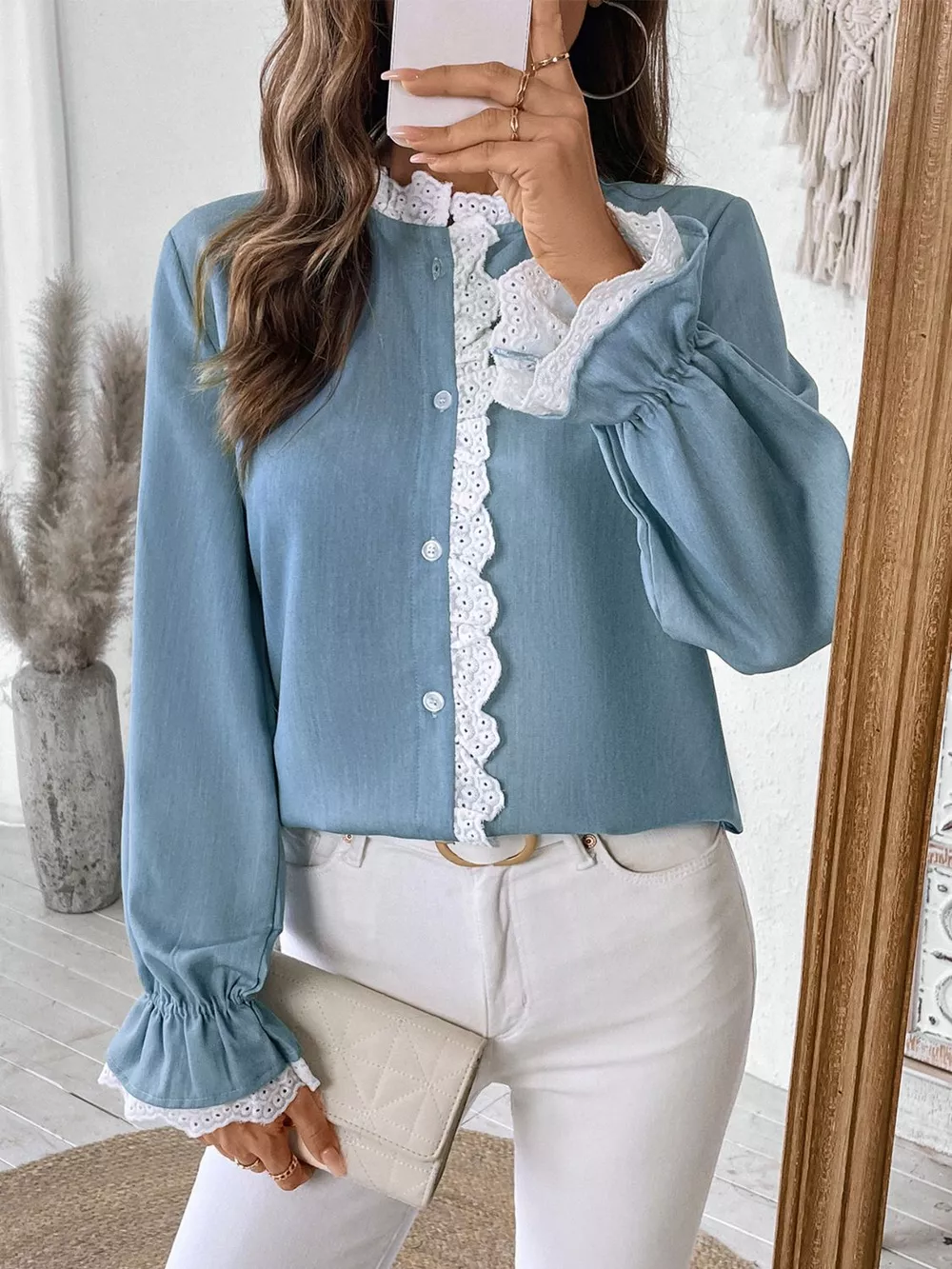 Lace Detail Button Down Long Sleeve Shirt, image 4