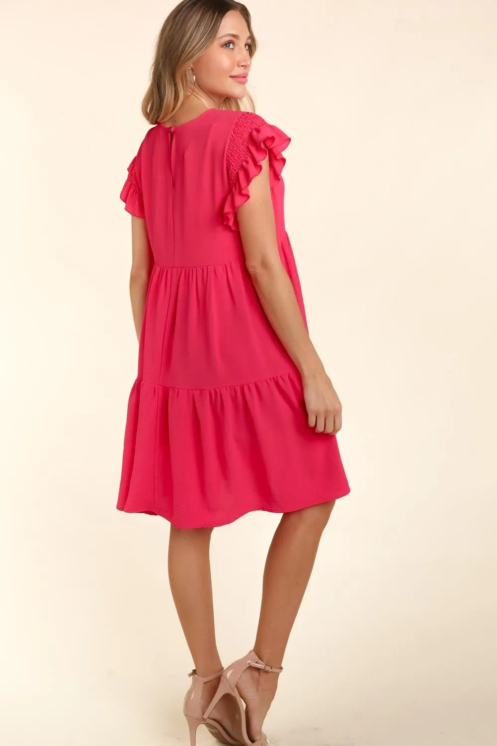 Full Size Smocking Ruffle Short Sleeve Dress with Pockets, image 3