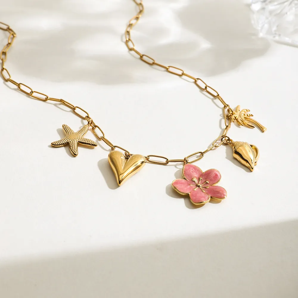 Beach Theme Pendant Necklace with Resin Flower, image 4