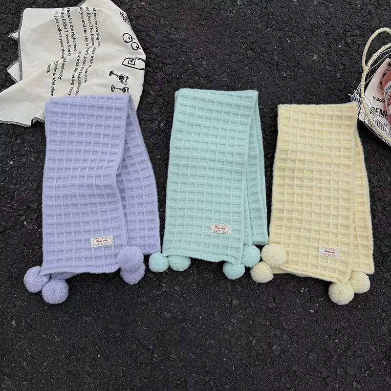 Waffle Knit Pom-Pom Scarf, image 3