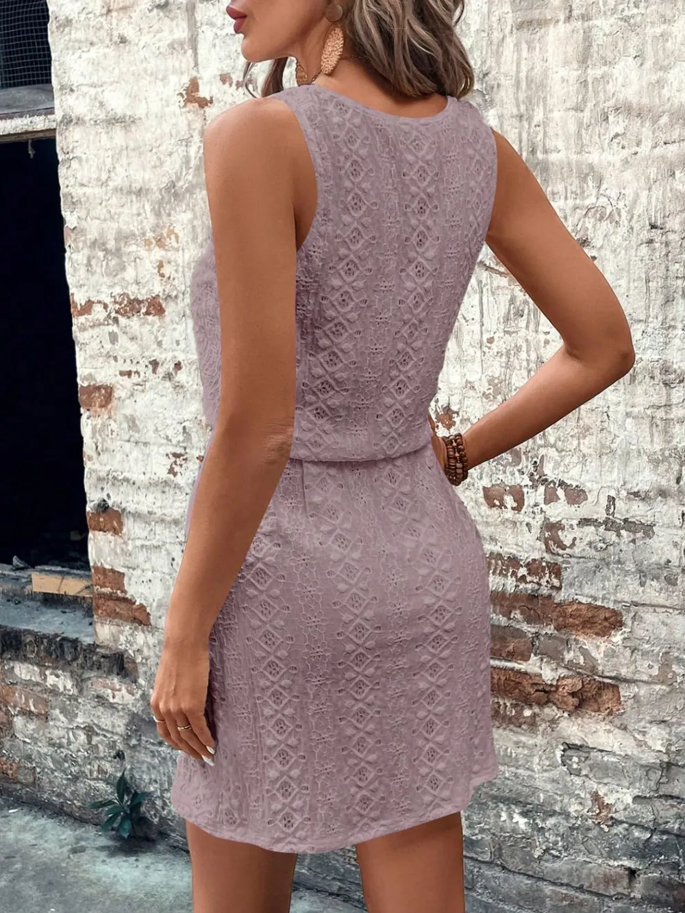Eyelet Drawstring Round Neck Sleeveless Dress, image 12