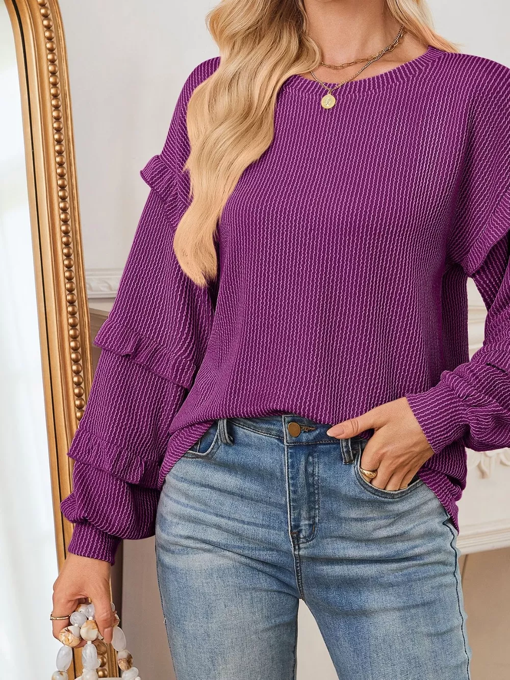 Ruffled Long Sleeve Knit T-Shirt, image 8