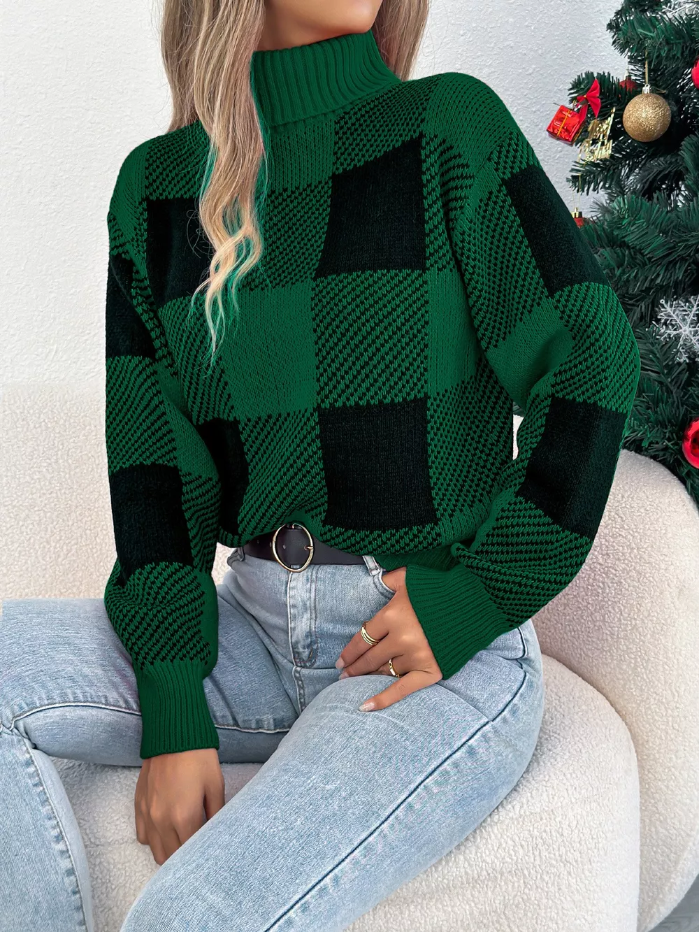 Christmas Plaid Long Sleeve Turtleneck Sweater, image 6