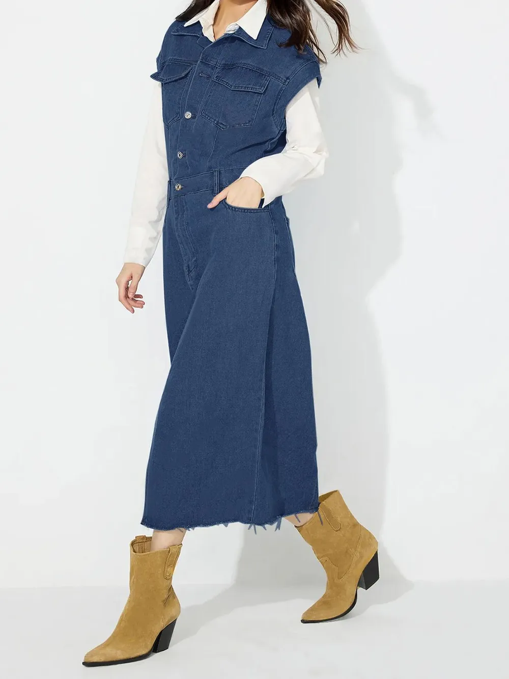 Slit Half Button Collared Neck Cap Sleeve Denim Dress, image 10