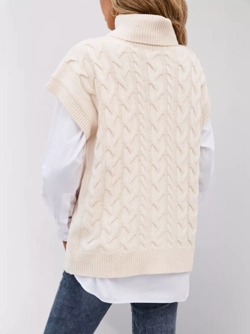 Chunky Knit Turtleneck Cap Sleeve Sweater, image 3