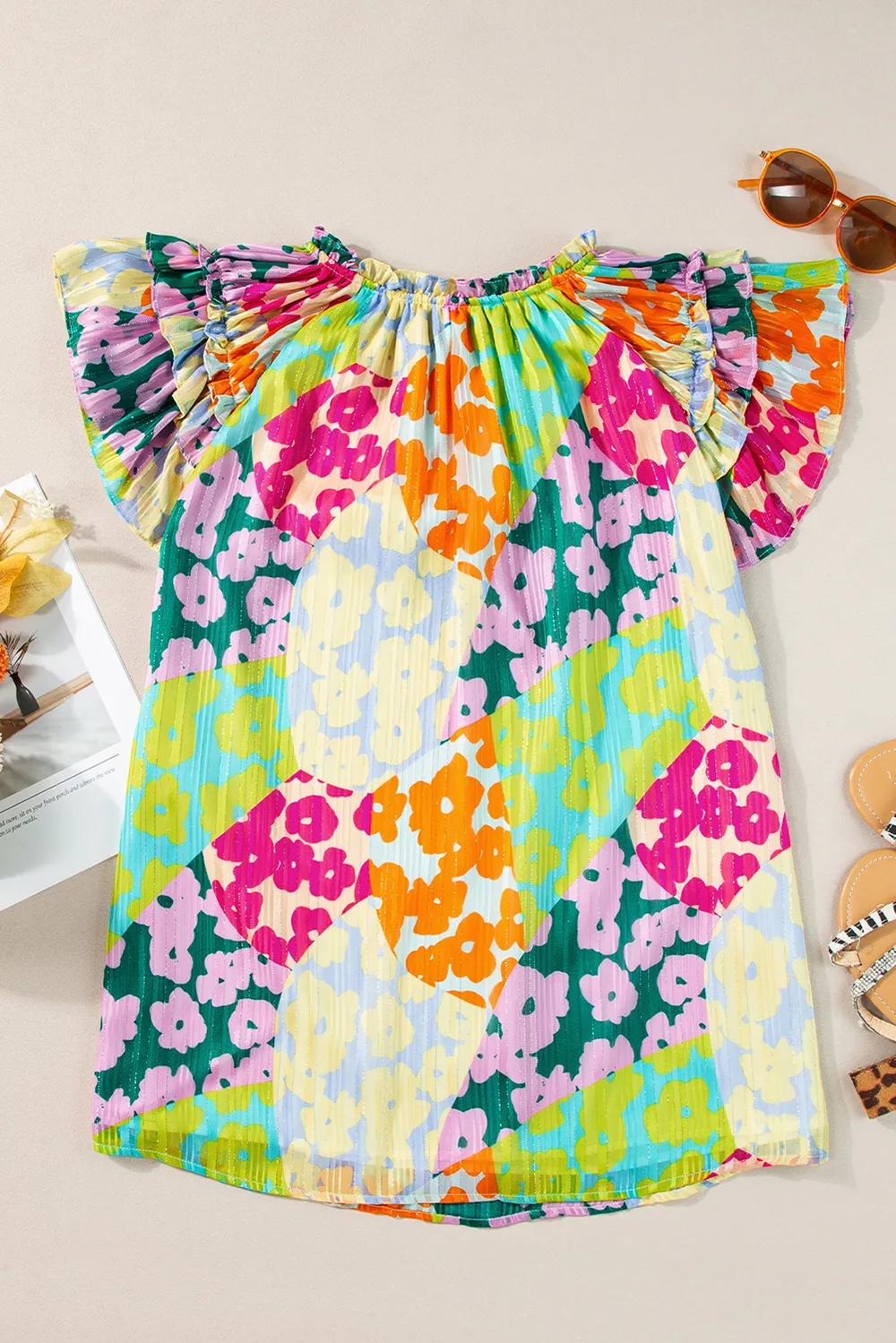 Ruffled Printed Tie Neck Cap Sleeve Blouse, image 2