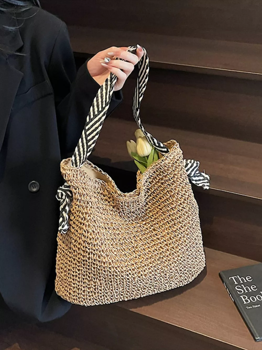 Woven Straw Shoulder Bag with Striped Handles, image 2