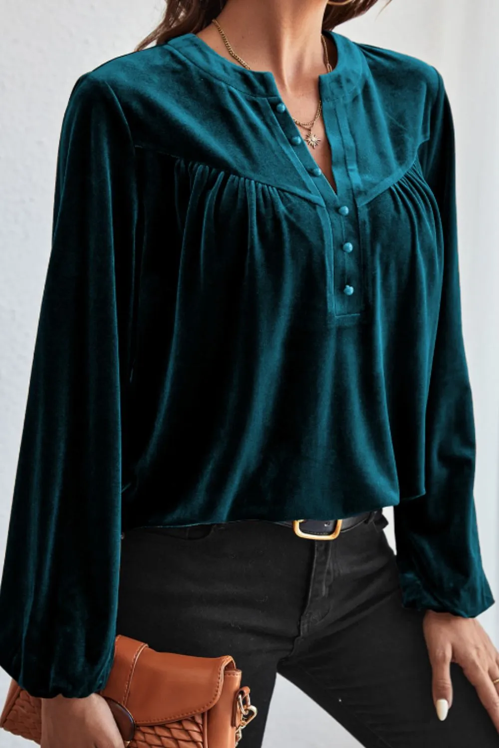 Notched Long Sleeve Velvet Top, image 5