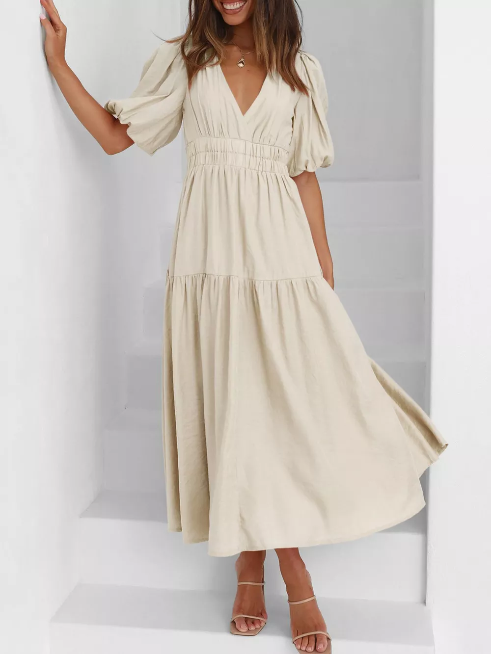 Elegant Puff Sleeve V-Neck Midi Dress, image 2