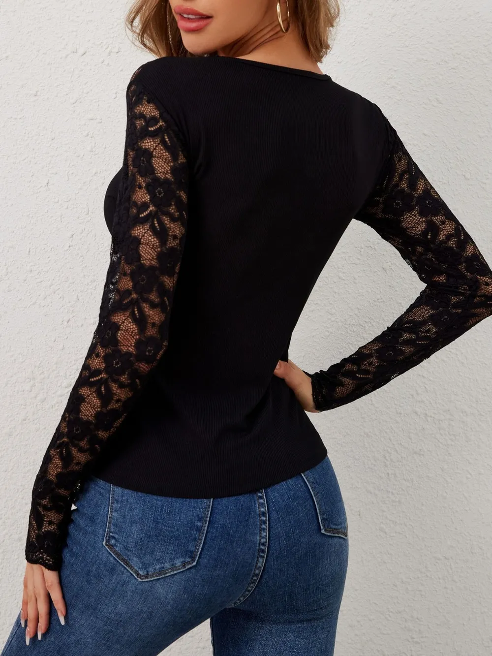 Lace Wavy Hem V-Neck Long Sleeve Top, image 5