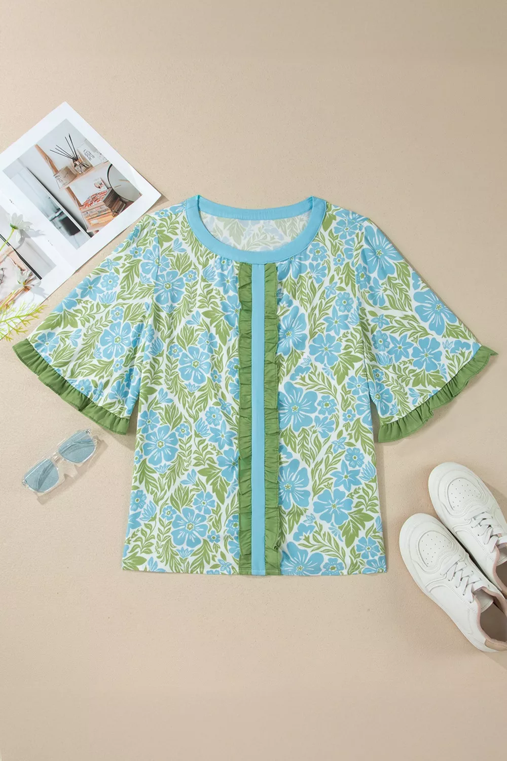Floral Print Ruffled Color Block Trim Half Sleeve Blouse, image 3