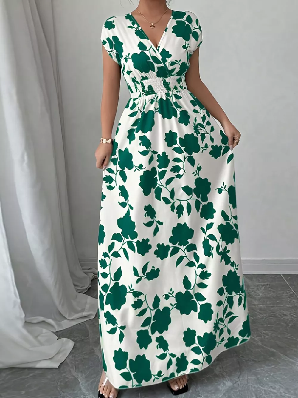 Printed Surplice Cap Sleeve Maxi Dress, image 6