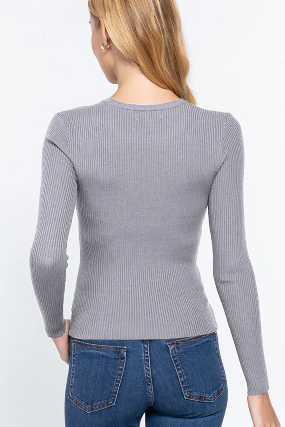 Full Size Ribbed Round Neck Long Sleeve Knit Top, image 2