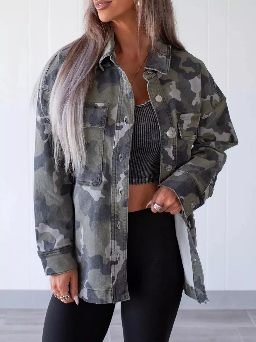Oversized Camouflage Print Button Up Denim Jacket