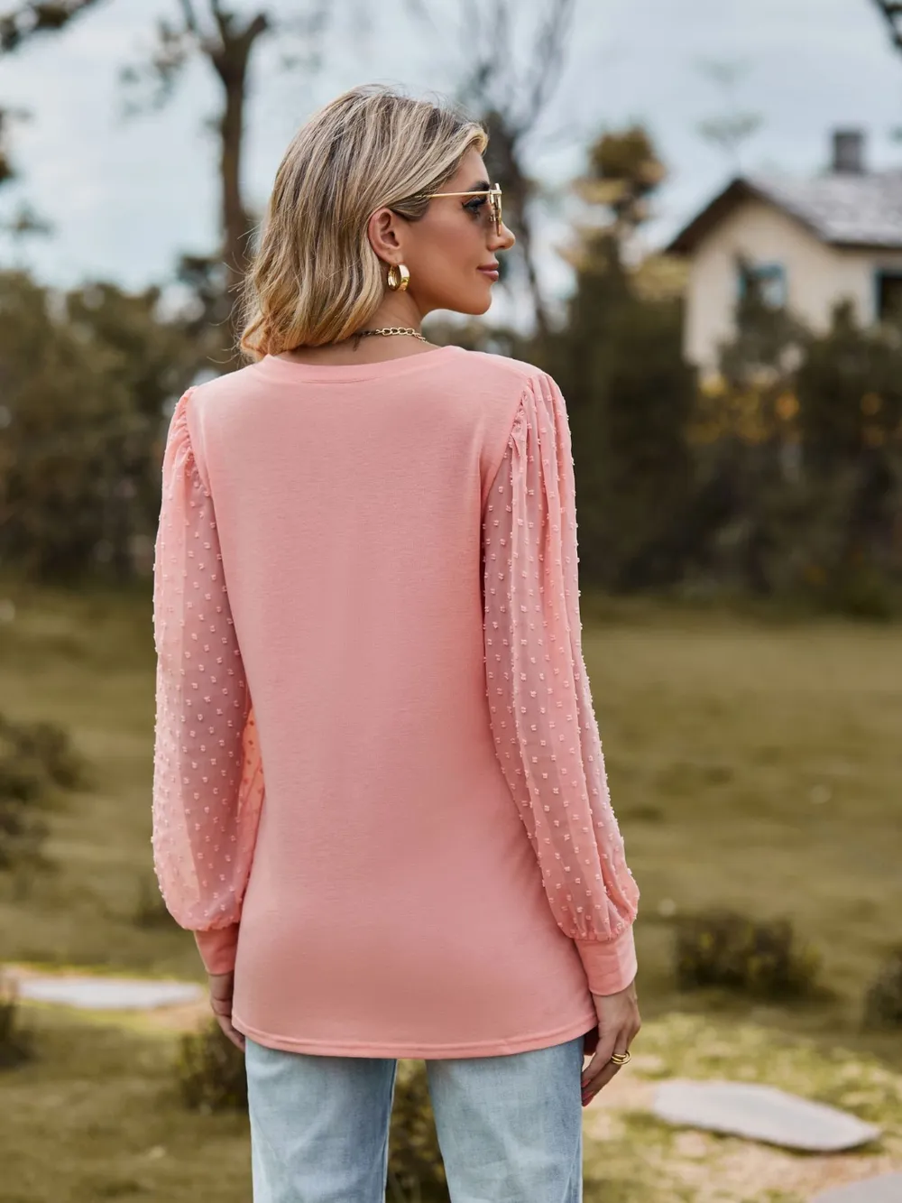 Swiss Dot V-Neck Long Sleeve Blouse, image 9