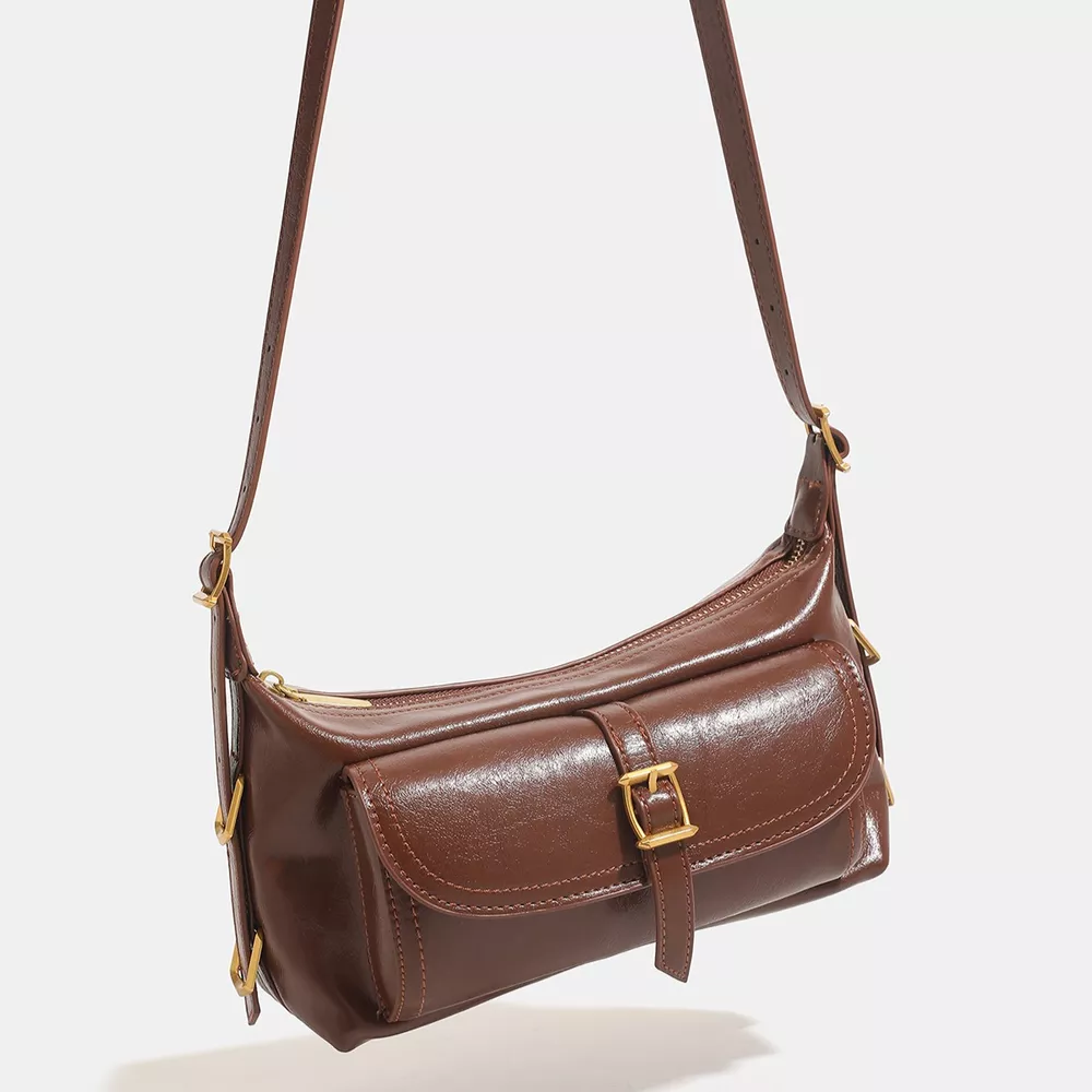Vintage PU Leather Shoulder Bag with Buckle Detail, image 3