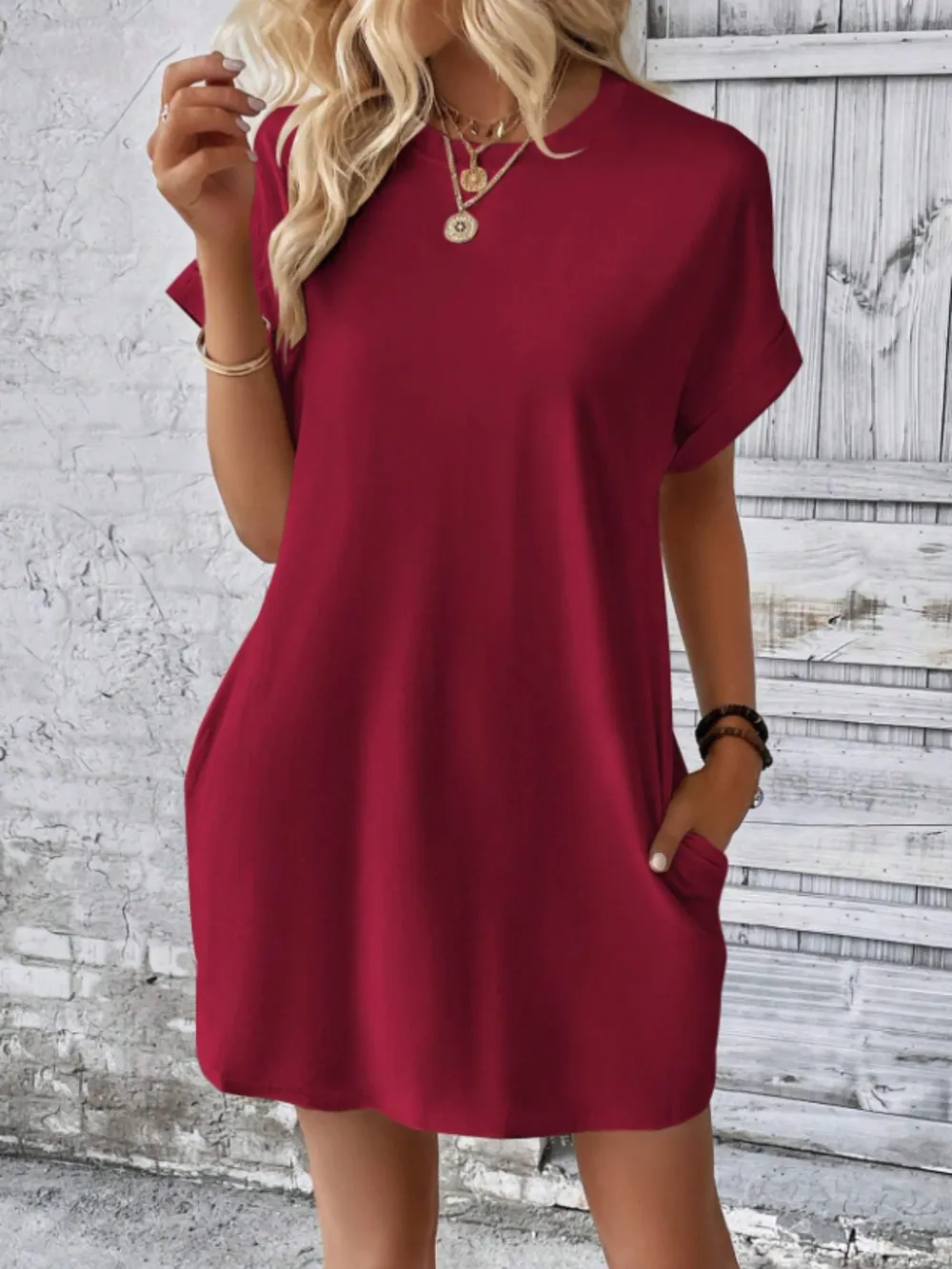 Round Neck Short Sleeve Mini Tee Dress with Pockets, image 11