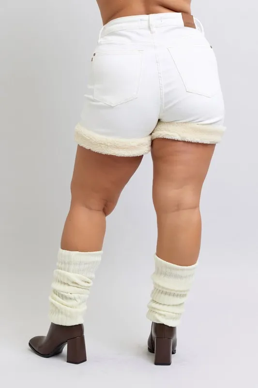 Full Size High Waist Shearling Cuff Denim Shorts Plus Size, image 4