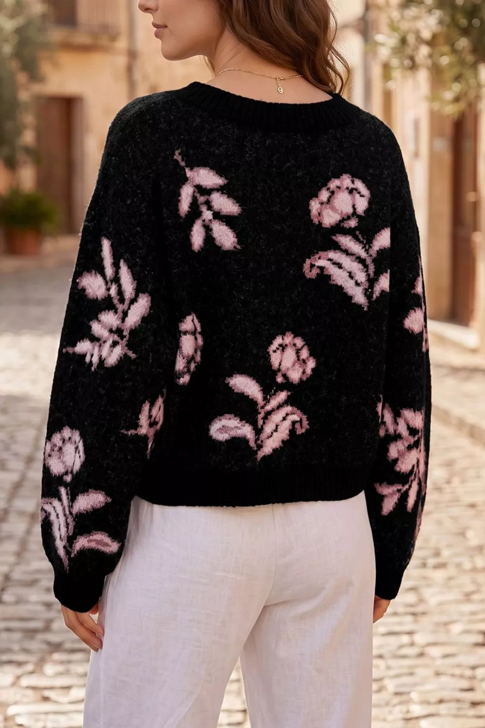 Floral Pattern Puff Sleeve Dropped Shoulder Pullover Sweater, image 3