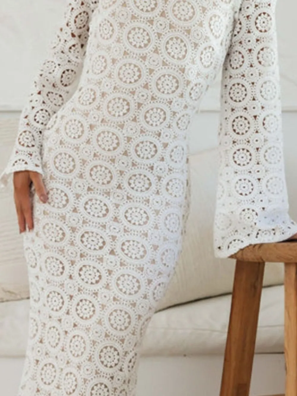 Lace Backless Round Neck Flare Sleeve Dress, image 3