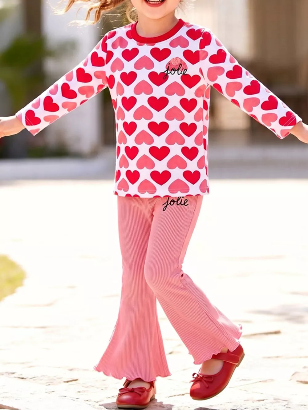 Children's Heart Print Long Sleeve Top and Flared Pants Set, image 2