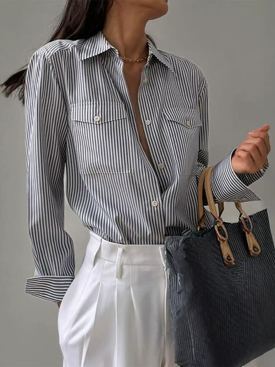 Striped Collared Neck Long Sleeve Shirt