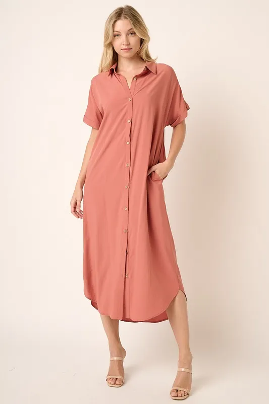 Collared Neck Dolman Short Sleeve Midi Shirt Dress, image 4