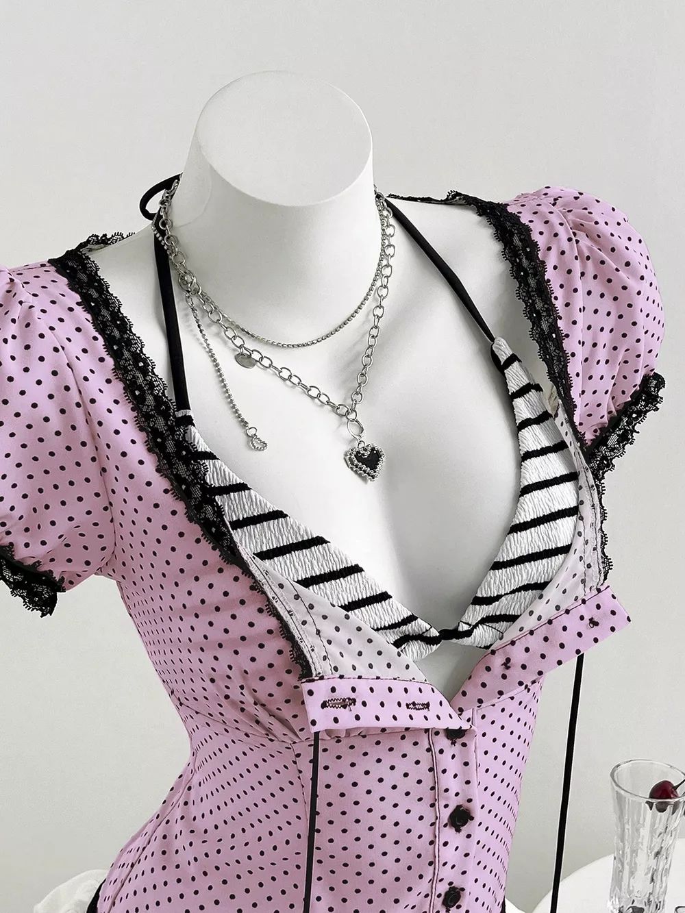 Polka Dot Lace Trim Puff Sleeve Top, image 15