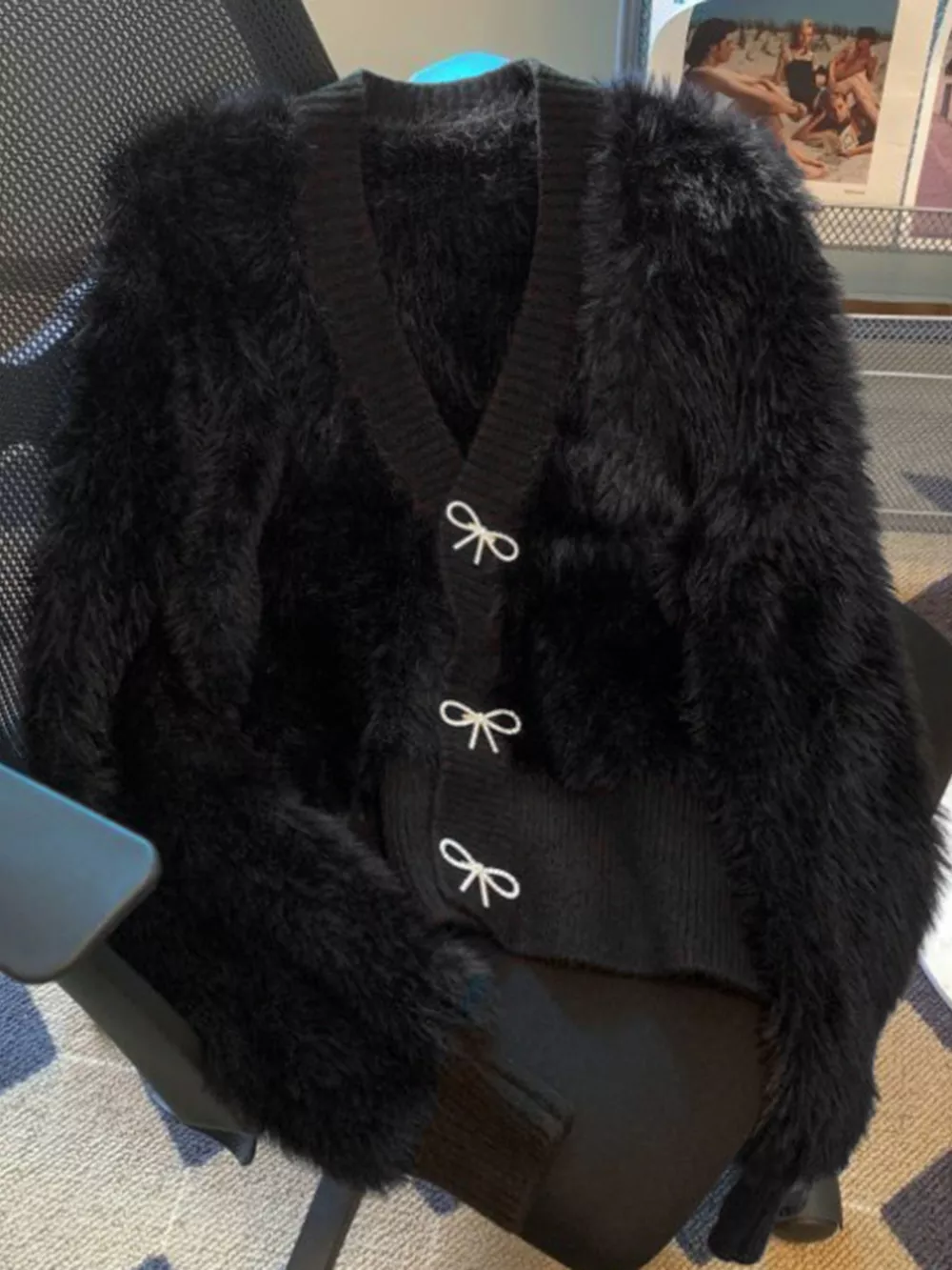 Fuzzy Bow Button Up Cardigan