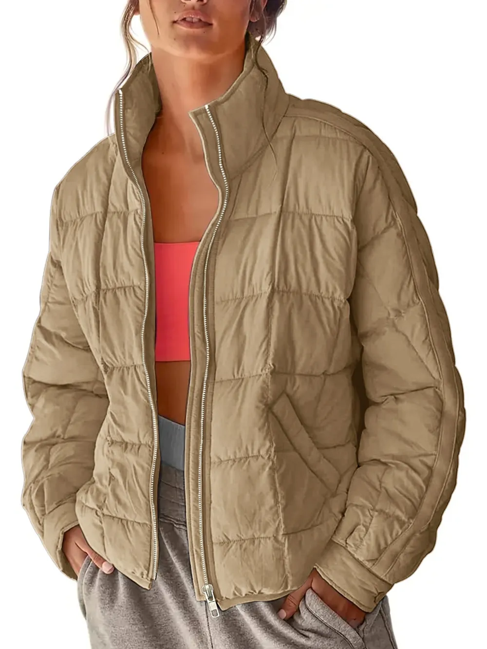Pocketed Plaid Quilted Zip Up Winter Coat, image 4