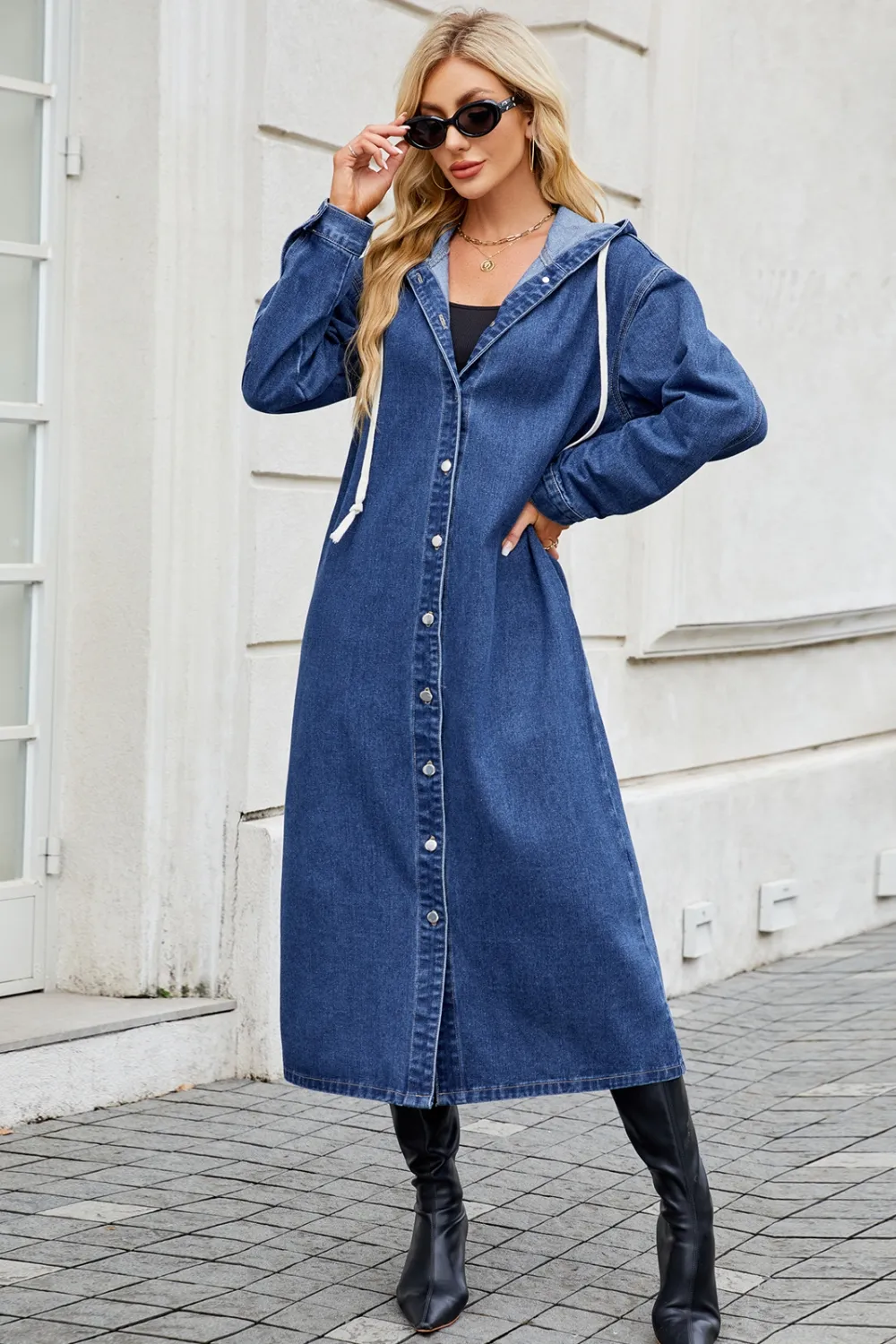 Button Up Long Sleeve Longline Hooded Denim Outerwear, image 4