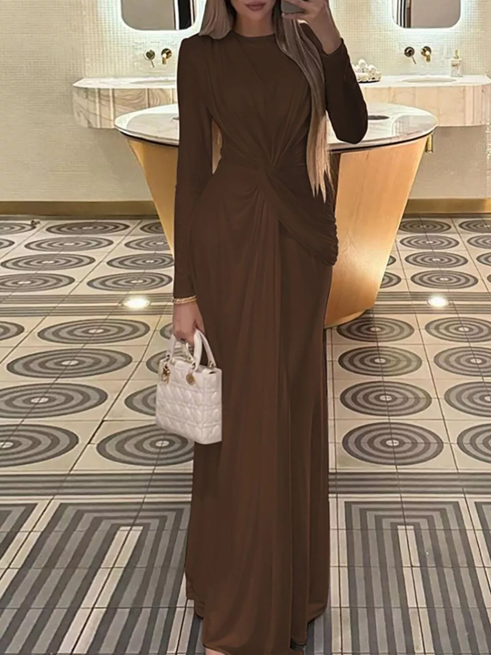 Ruched Knot Front Long Sleeve Maxi Dress, image 8