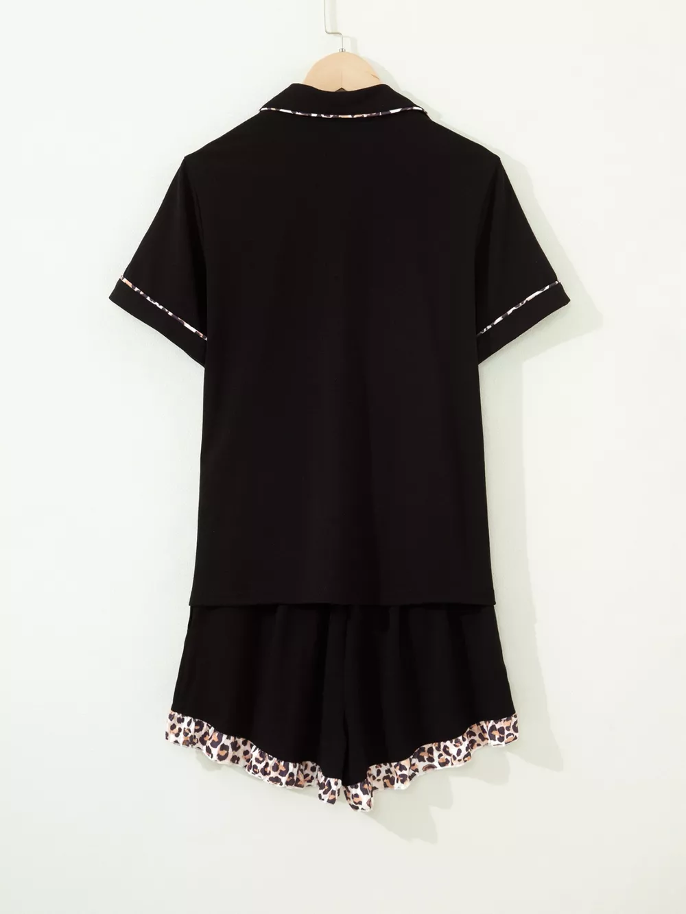 k Leopard Patchwork Trim Lapel Shirt Drawstring Shorts 2pcs Pajama Set, image 3