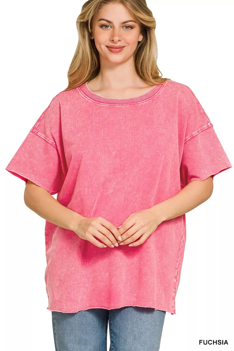 Acid Wash French Terry Drop Shoulder Raw Edge Top