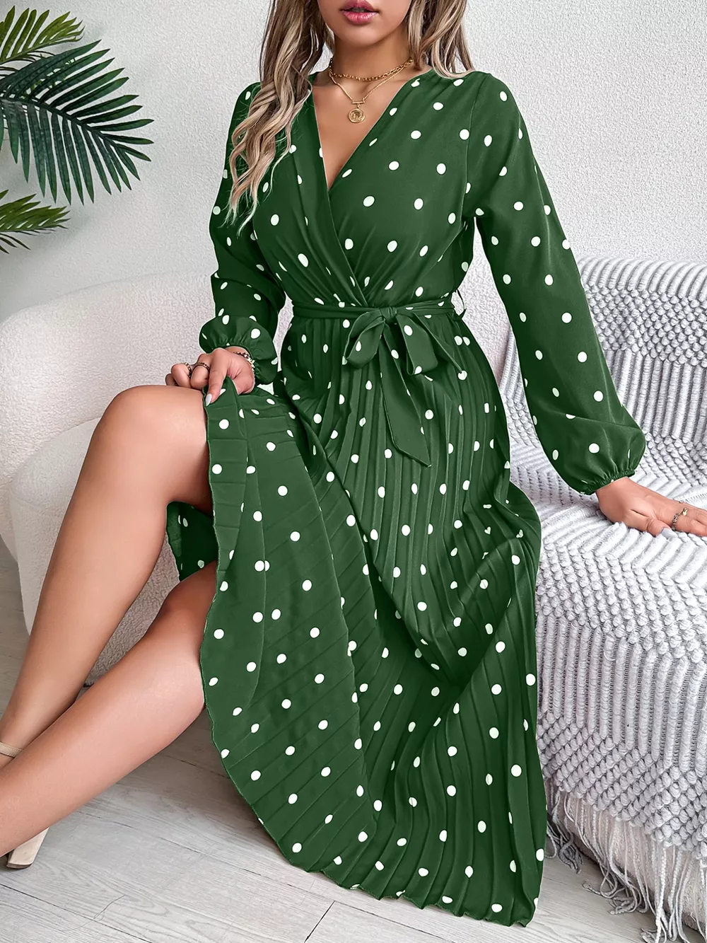 Front Tie Polka Dot Midi Pleated Dress, image 14