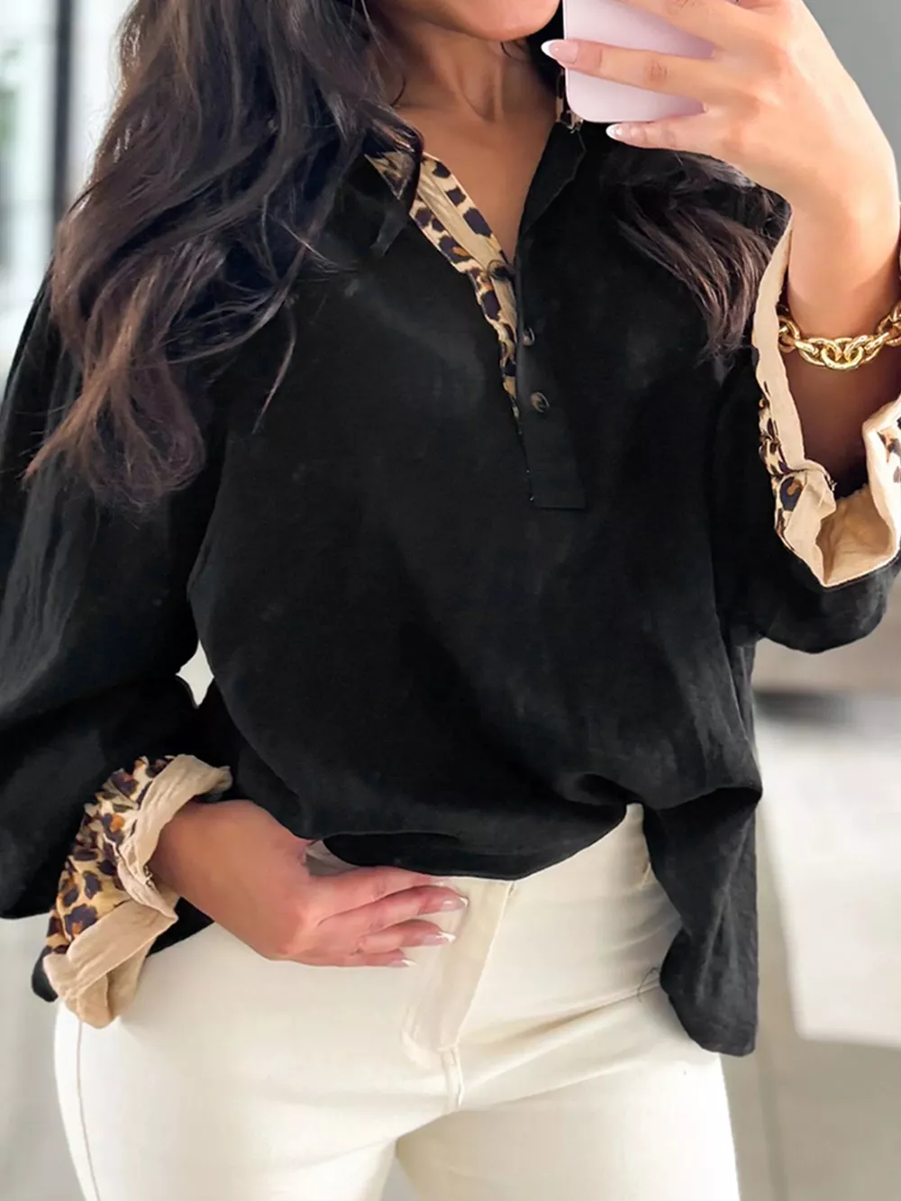 Contrast Leopard Print Patchwork Polo Collar Buttons Front Long Sleeve Blouse, image 2
