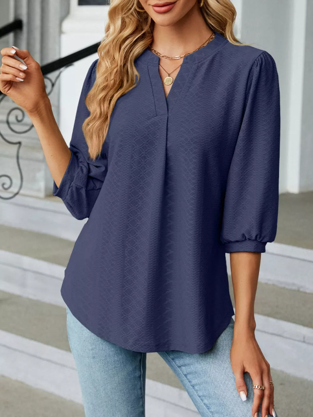 Notched 3/4 Sleeve Casual Top, image 20