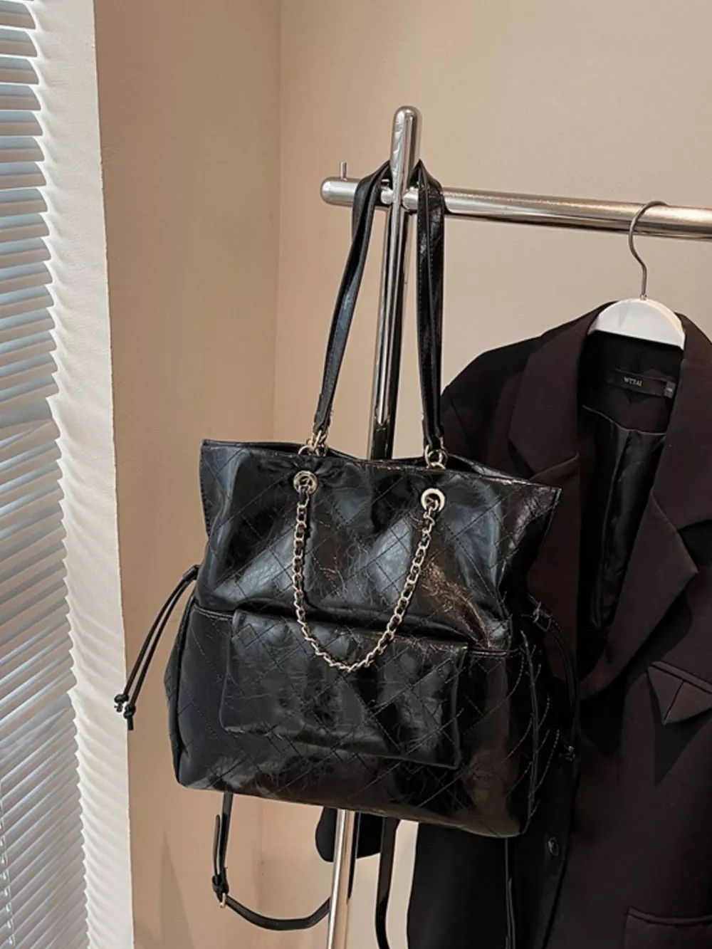 Quilted Chain Decor Backpack Bag, image 6