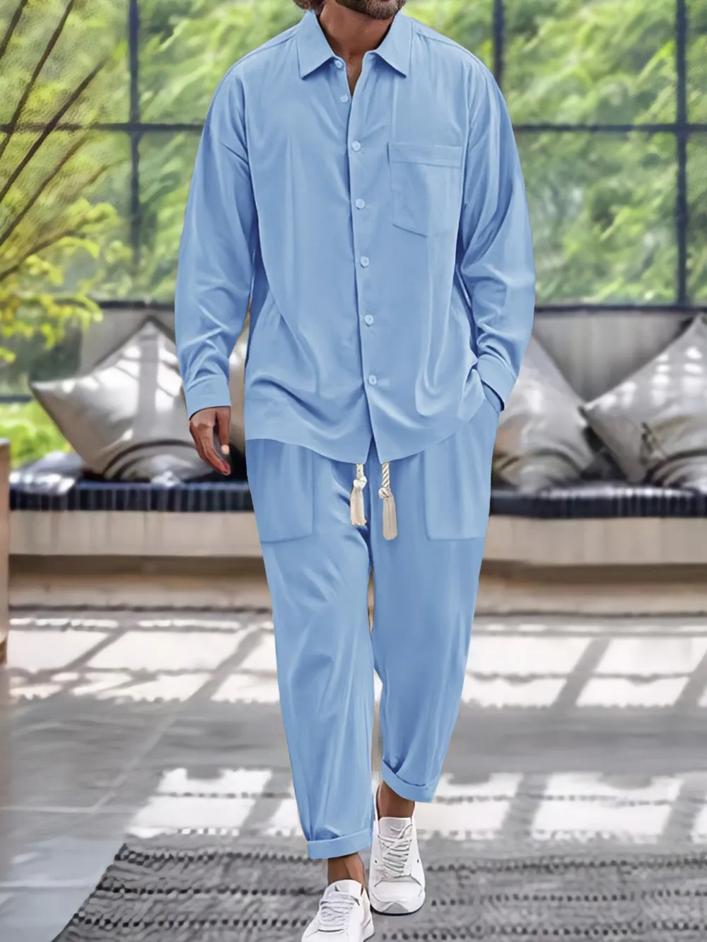 Men's Button Down Long Sleeve Shirt and Pants Set, image 2