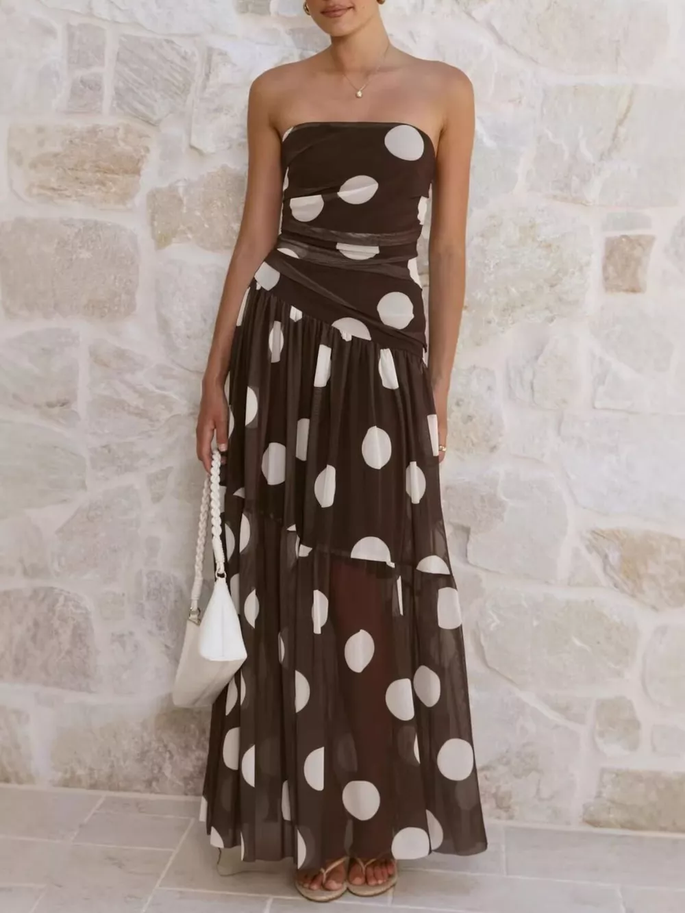 Polka Dot Strapless Ruched Maxi Dress, image 6