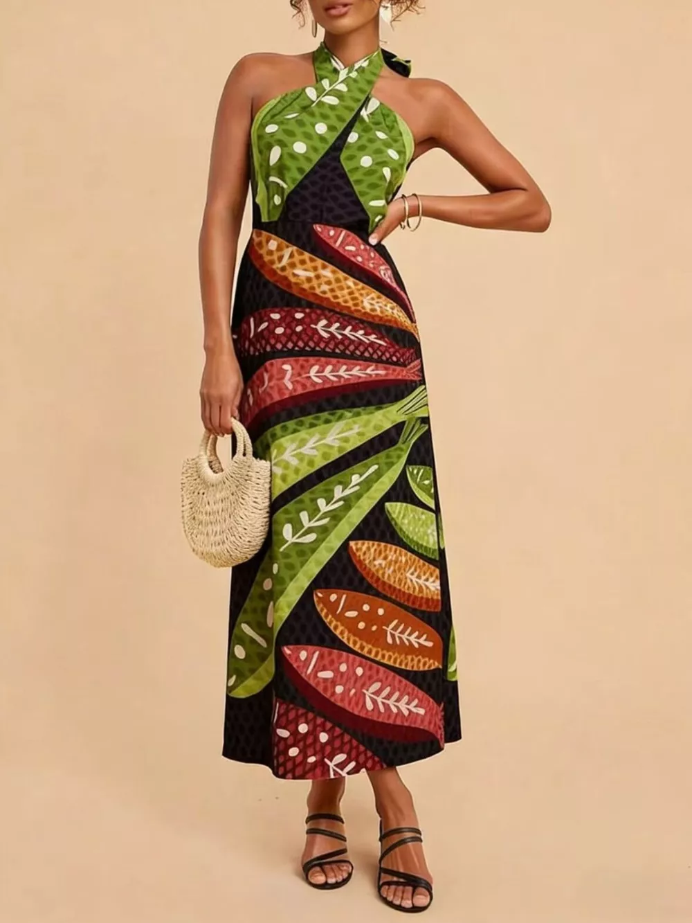 Tropical Print Halter Neck Midi Dress, image 3