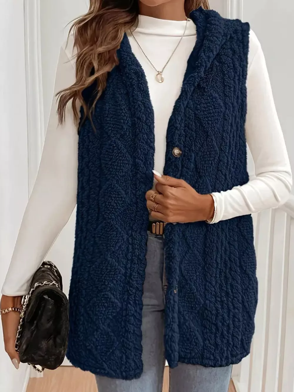 Hooded Button-Up Sherpa Vest Coat, image 11