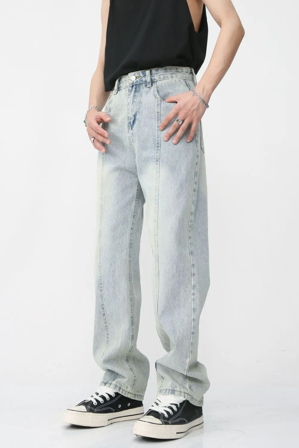 Men's Washed Splicing Straight Leg Jeans, image 6