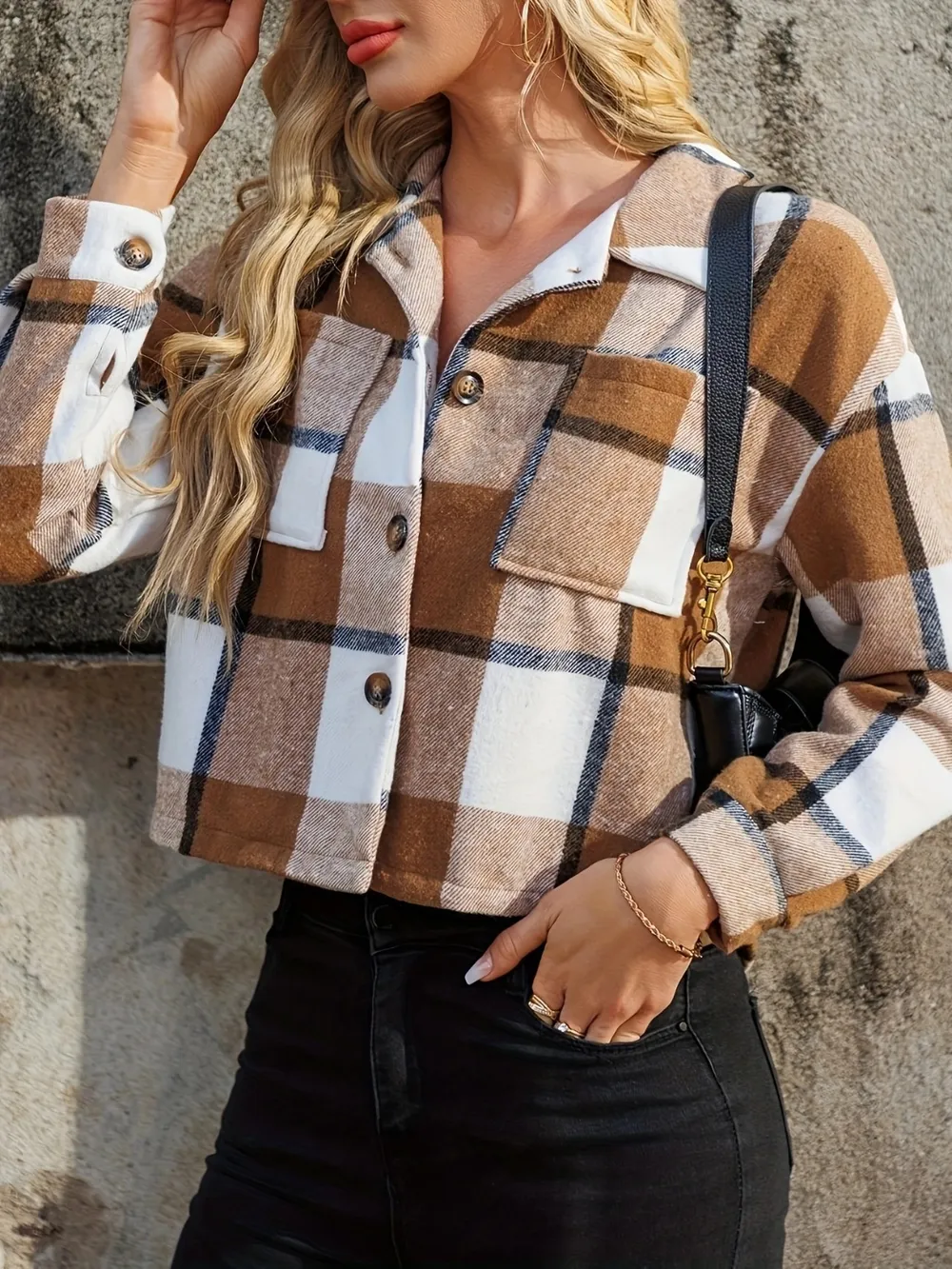 Plaid Collared Neck Cropped Jacket, image 2