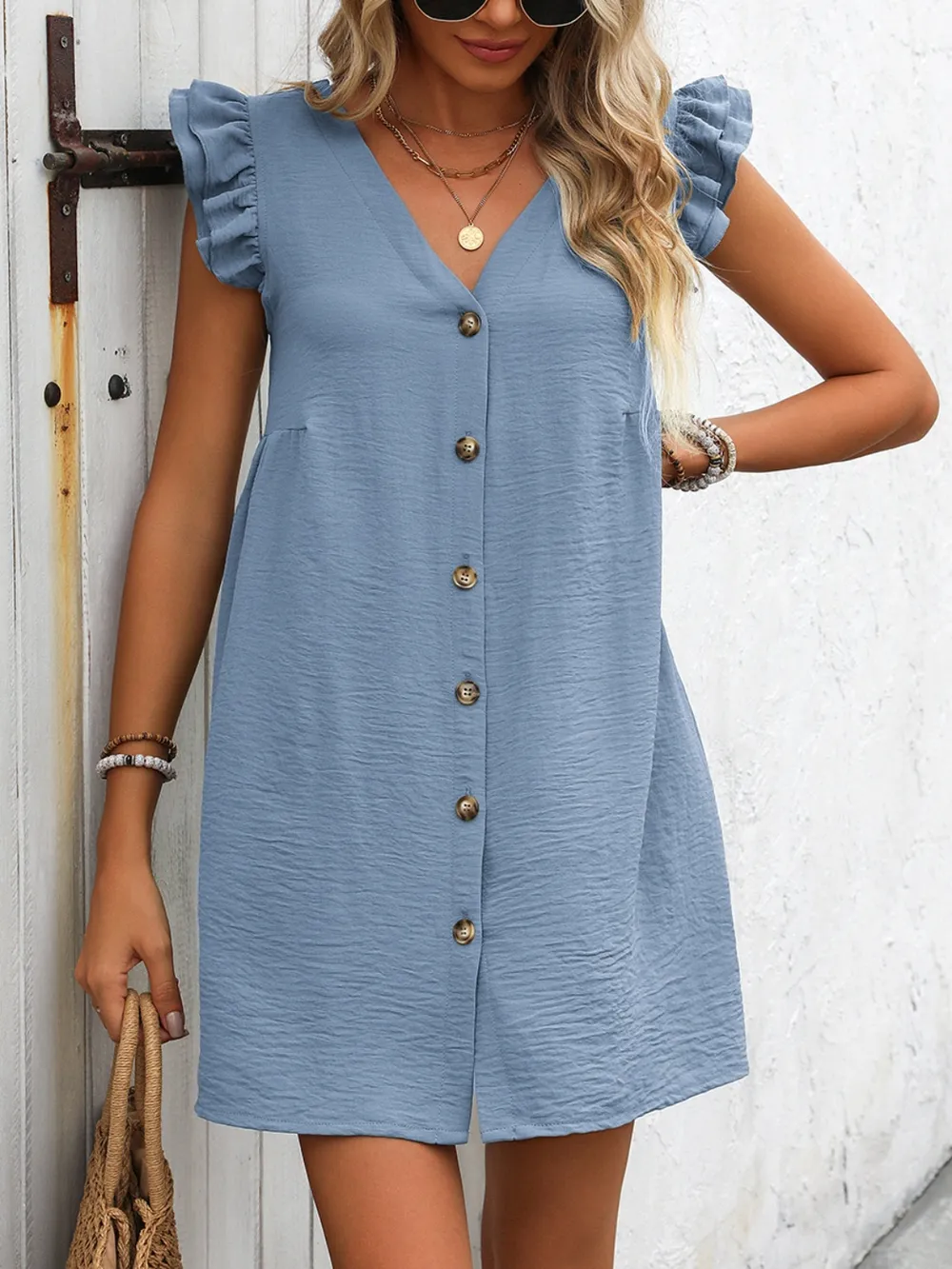 Button Up V-Neck Cap Sleeve Mini Dress, image 12