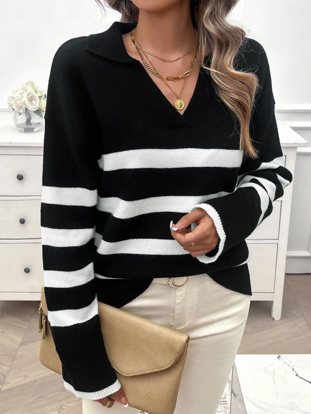 Striped Collared Neck Long Sleeve Sweater, image 6