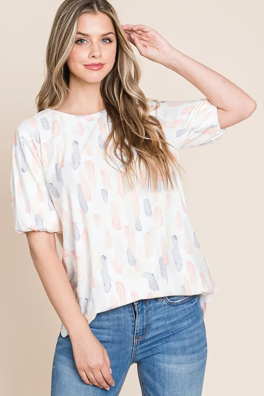Round Neck Puff Short Sleeve Blouse